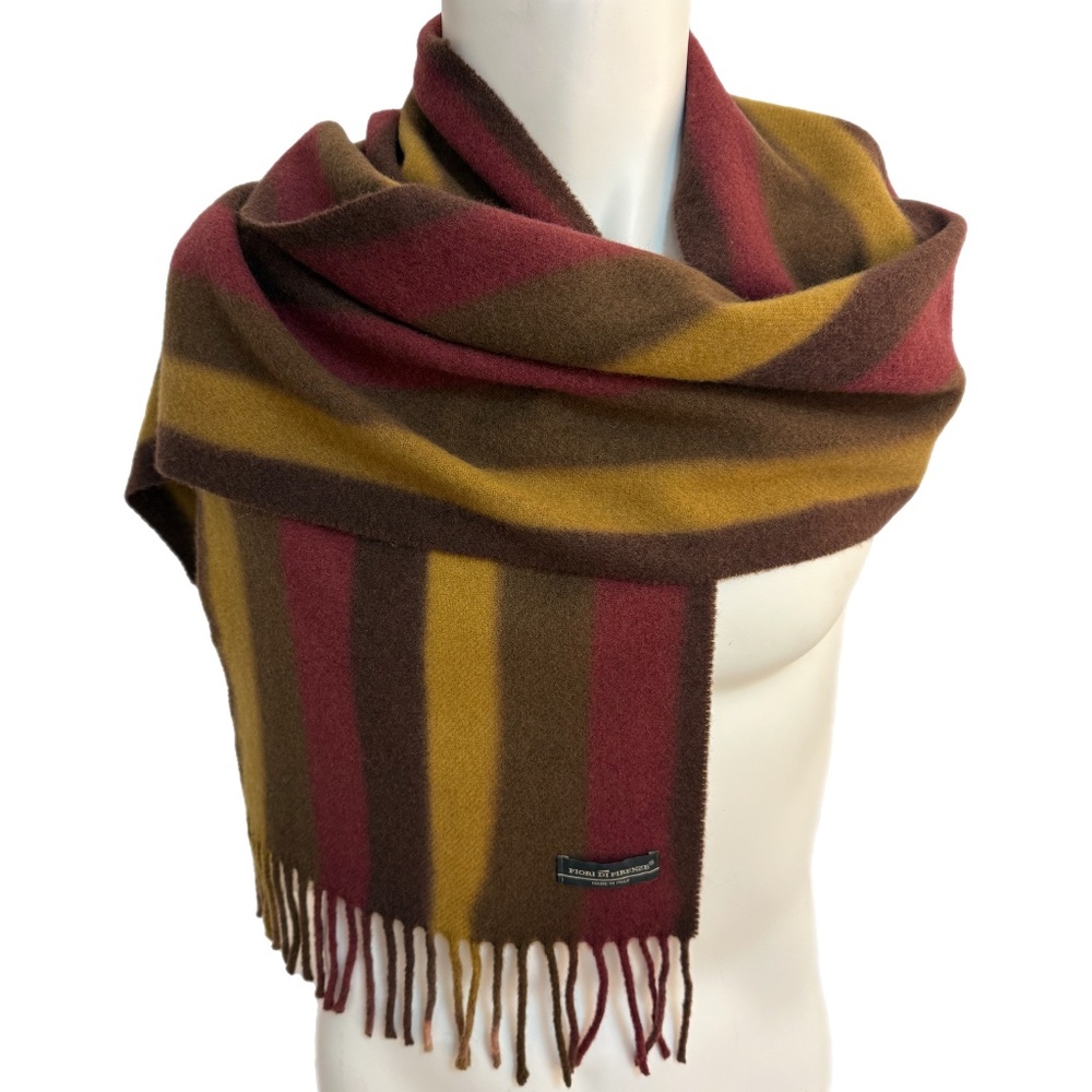 Fiori di Firenze Italian Wool Striped Scarf 🇮🇹 – Burgundy, Mustard & Brown